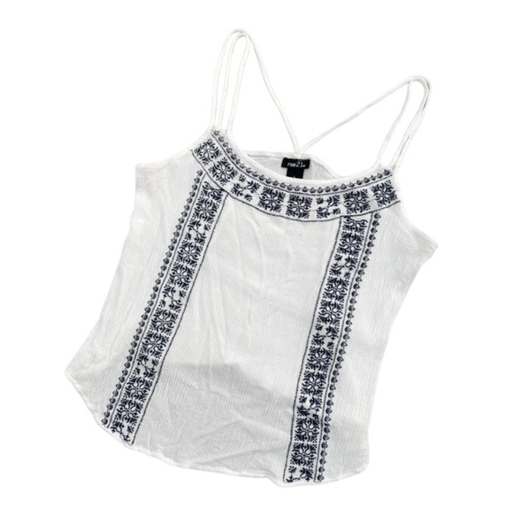 Rue21 Tops - Rue 21 Boho White Blue Embroidered Crop Top Large Bohemian Shirt Criss Cross